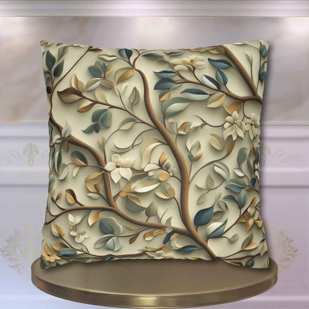 Elegant William Morris Inspired Botanical Pillow Cover - Floral Cushion in Green, Gold, and Beige
