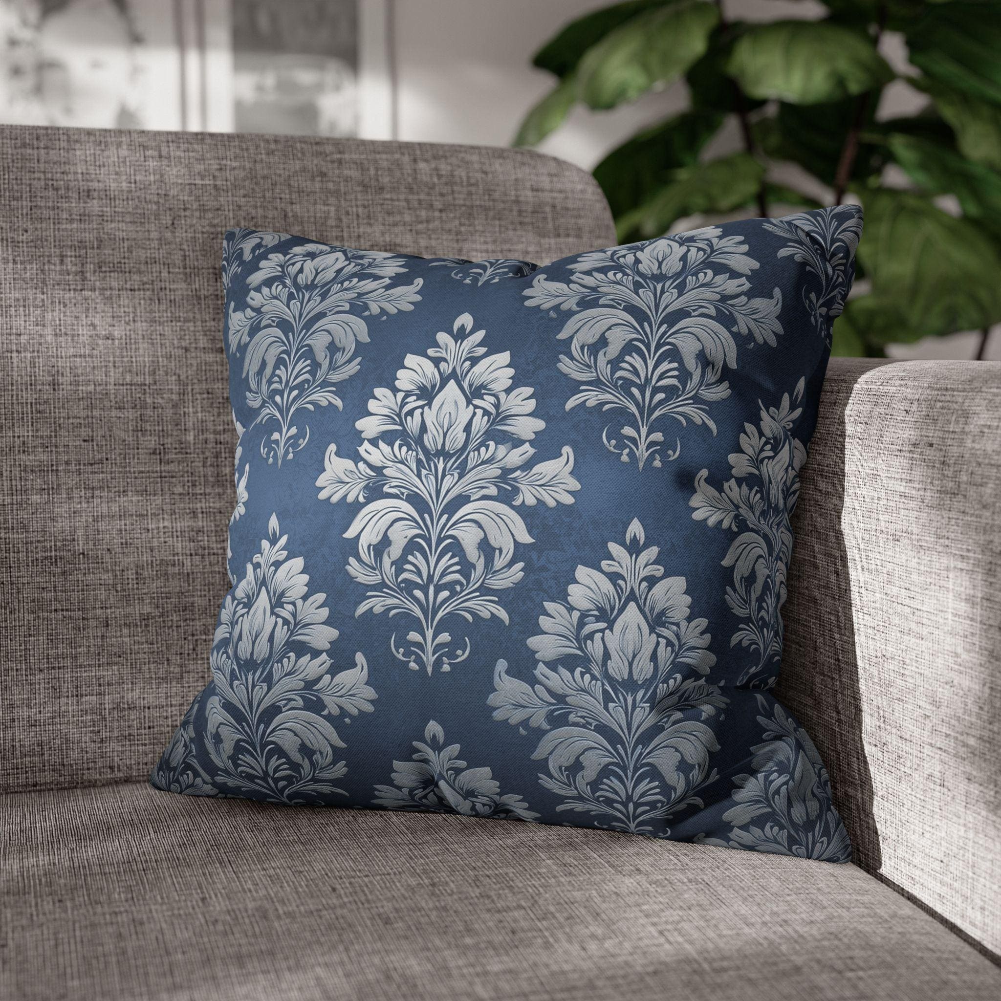 Steel Blue Damask Pillow Cover: Elegant Floral Cushion