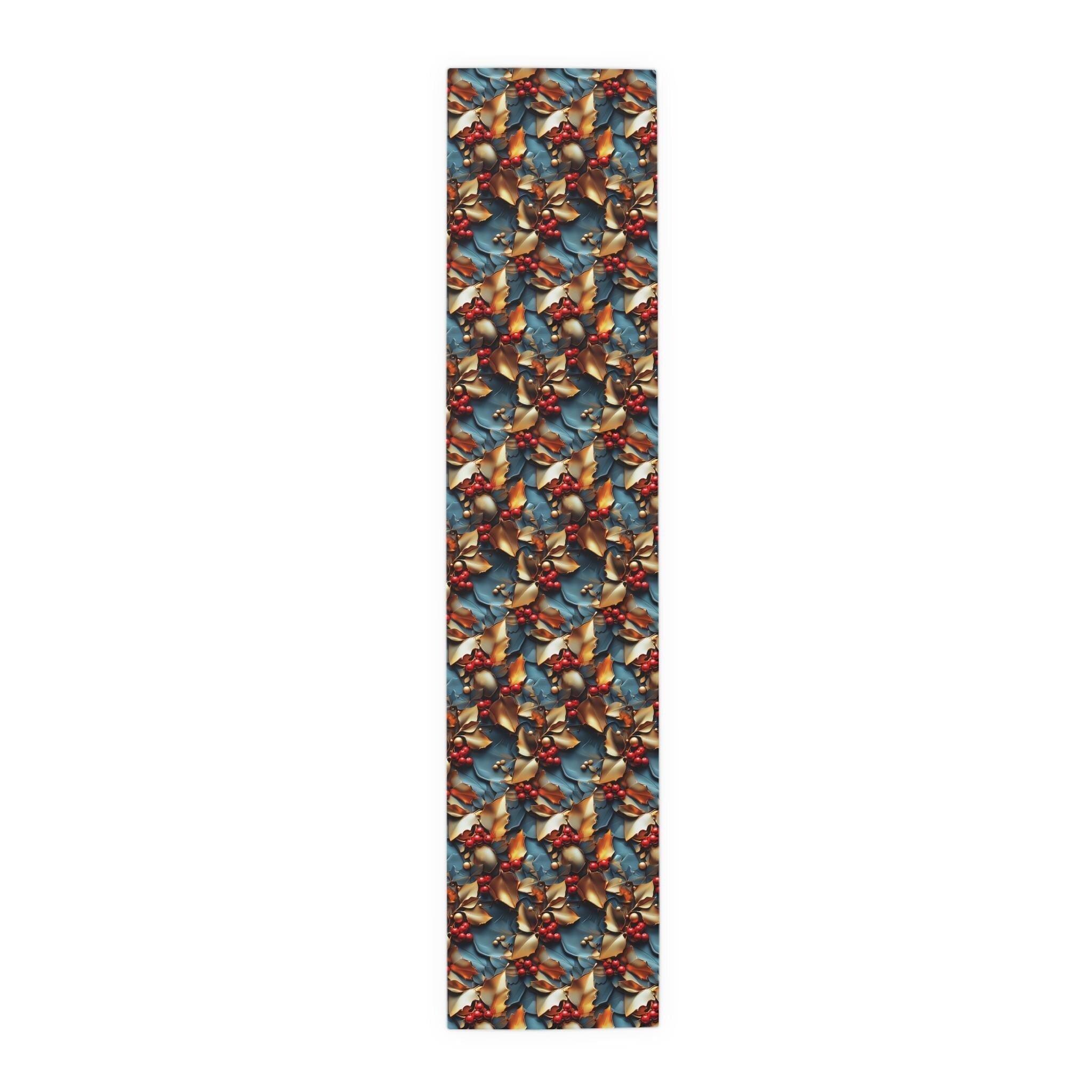 Christmas Holly Table Runner, Teal Red Berry Gold Leaf Design