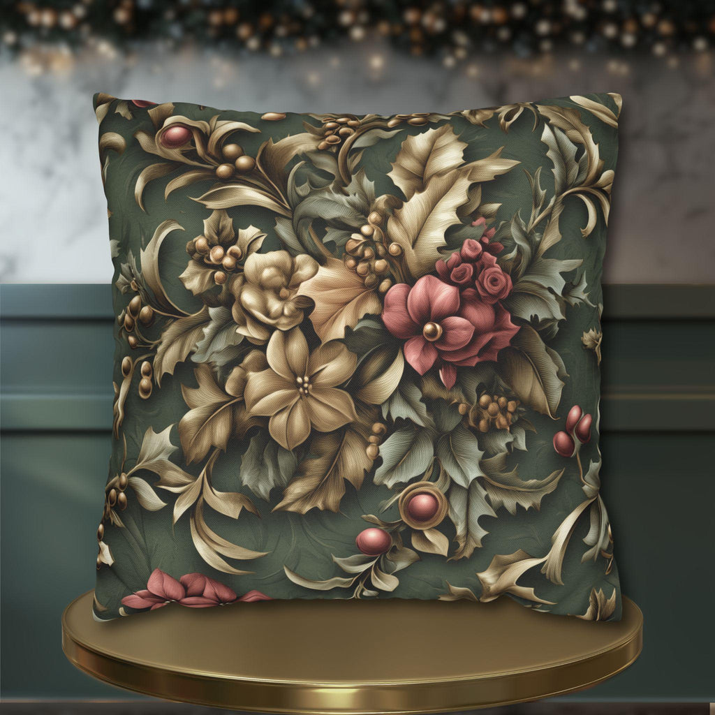 William Morris Inspired Holly & Poinsettia Christmas Pillow Cover: Pine, Gold, Cranberry