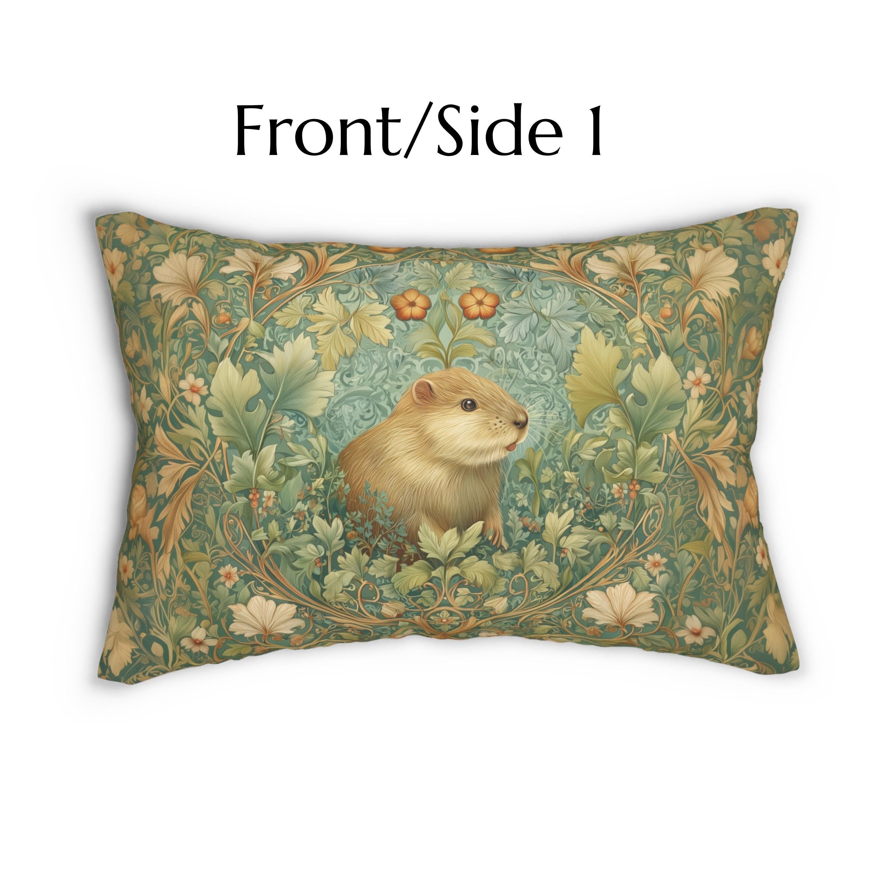 Beaver Lumbar Pillow: William Morris Inspired Woodland Nature Cushion