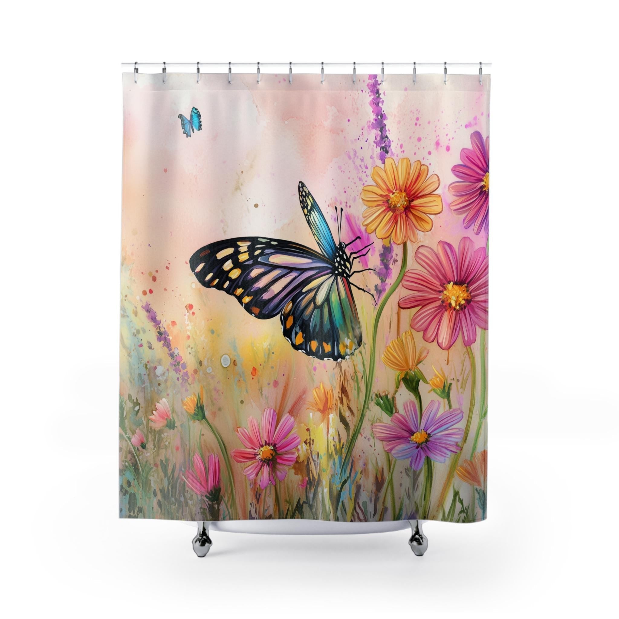 Colorful Butterfly Garden Fabric Shower Curtain: Watercolor Spring Wildflowers on Pastel Background