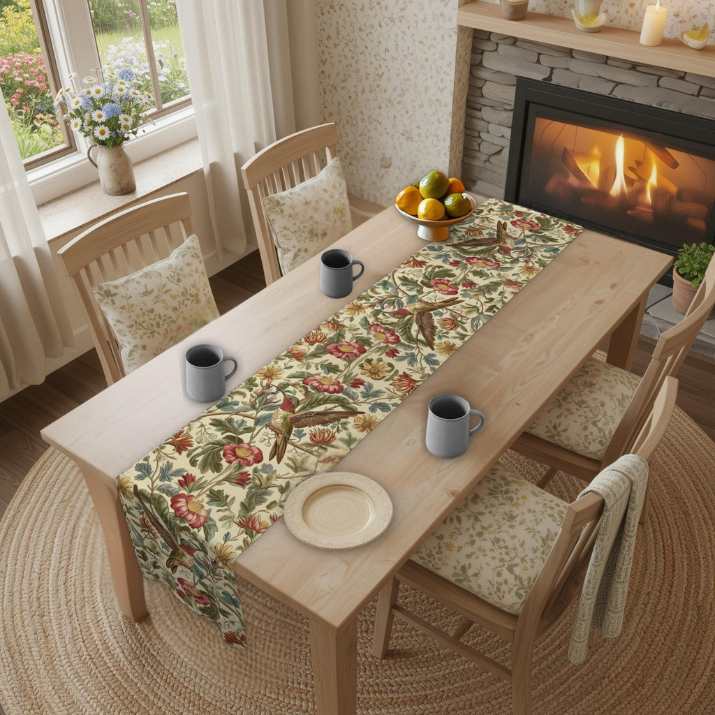 William Morris Table Runner: Vintage Style Botanical Hummingbird Floral Accent
