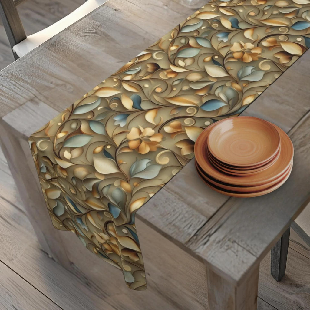 Elegant William Morris Inspired Autumn Leaves Table Runner: Gold, Blue, Sage Botanical Print
