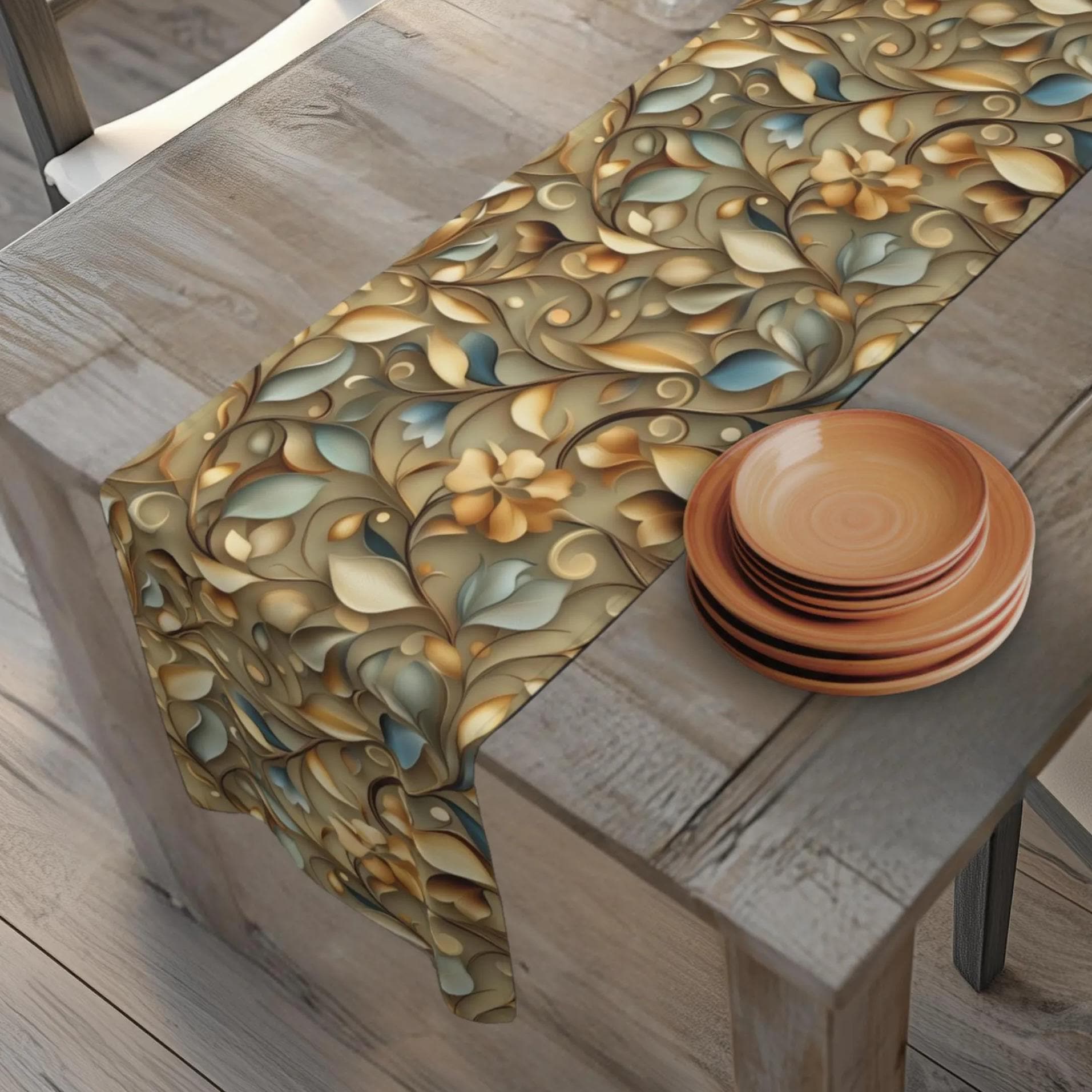 Elegant William Morris Inspired Autumn Leaves Table Runner: Gold, Blue, Sage Botanical Print