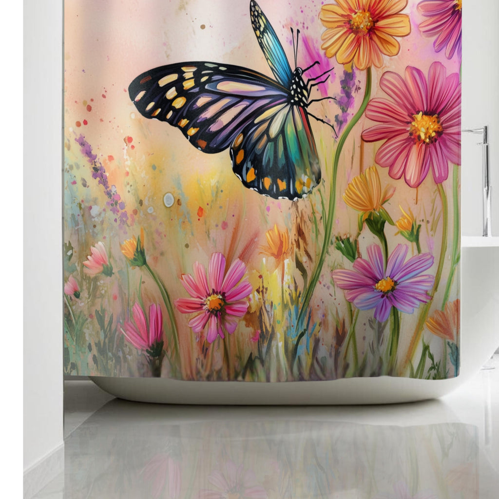 Colorful Butterfly Garden Fabric Shower Curtain: Watercolor Spring Wildflowers on Pastel Background