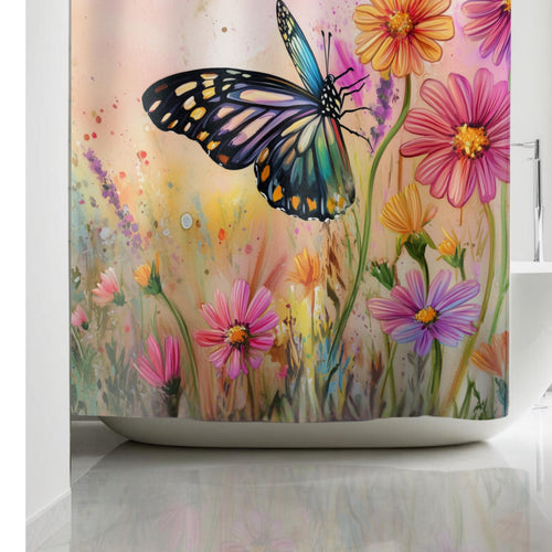 Colorful Butterfly Garden Fabric Shower Curtain: Watercolor Spring Wildflowers on Pastel Background