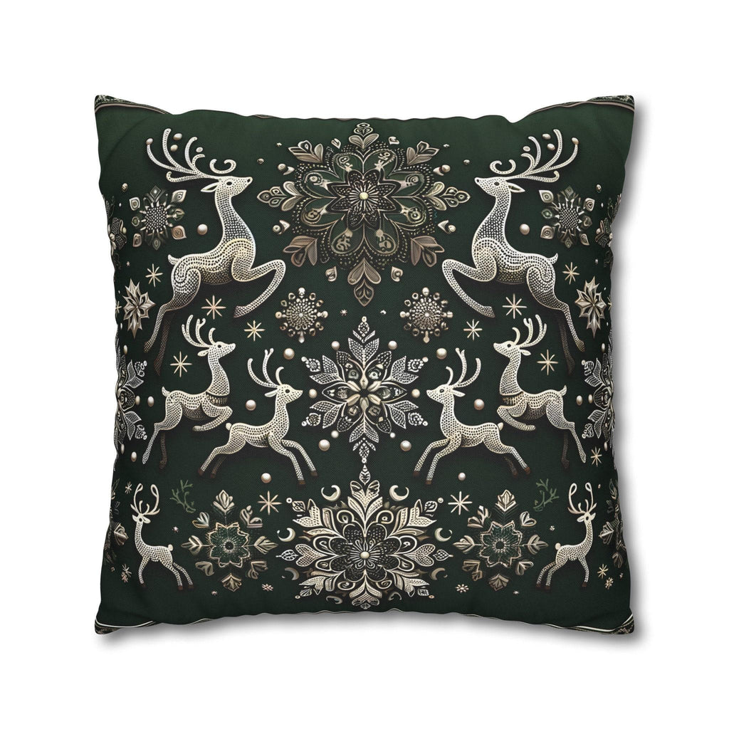 Elegant Emerald Green Throw Pillow Cover with Intricate Snowflakes and Reindeer Design