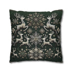 Elegant Emerald Green Throw Pillow Cover with Intricate Snowflakes and Reindeer Design