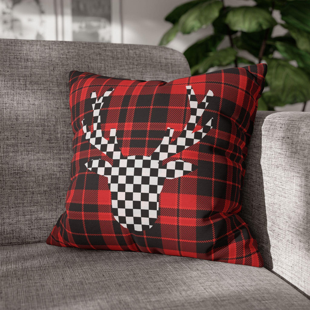 Plaid & Checker Stag Pillow Cover: Modern Rustic Christmas Accent