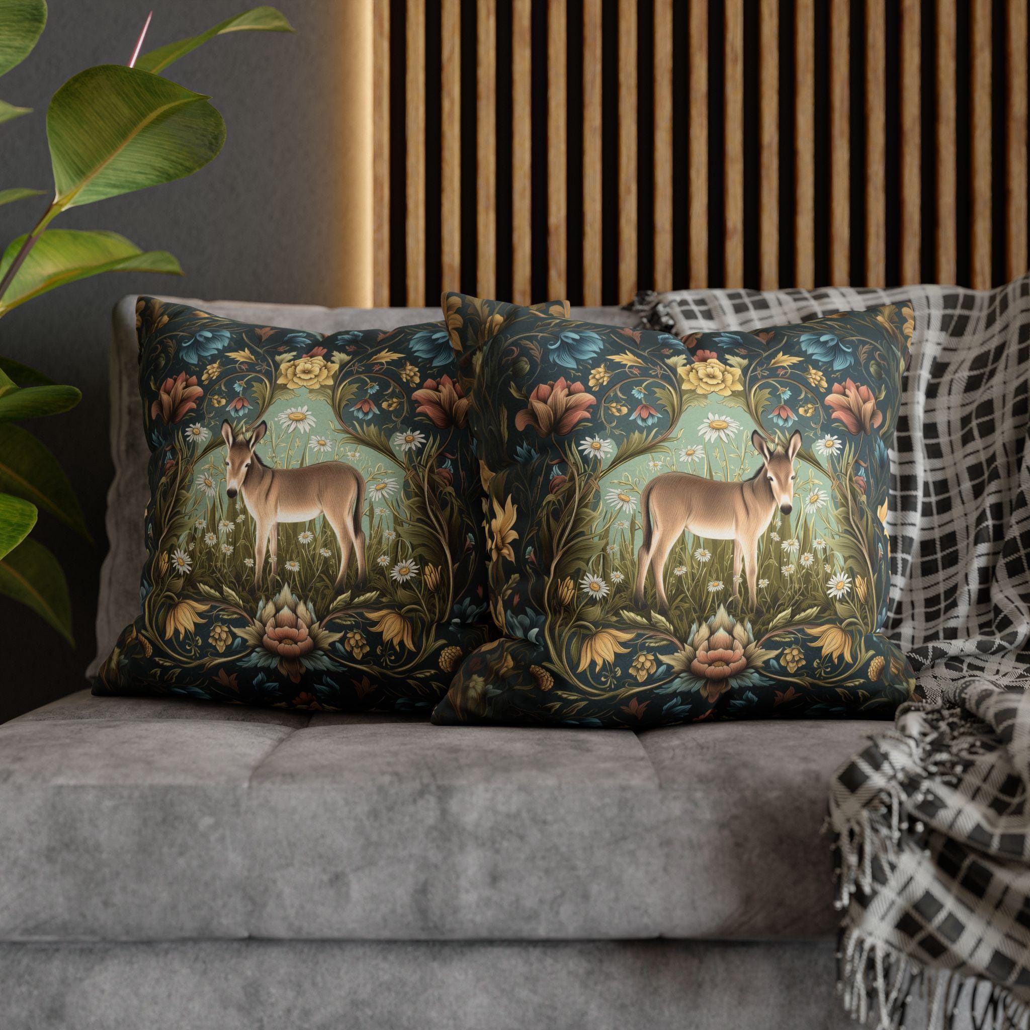Donkey Garden Floral Pillow Cover: William Morris Inspired Botanical Meadow Decor