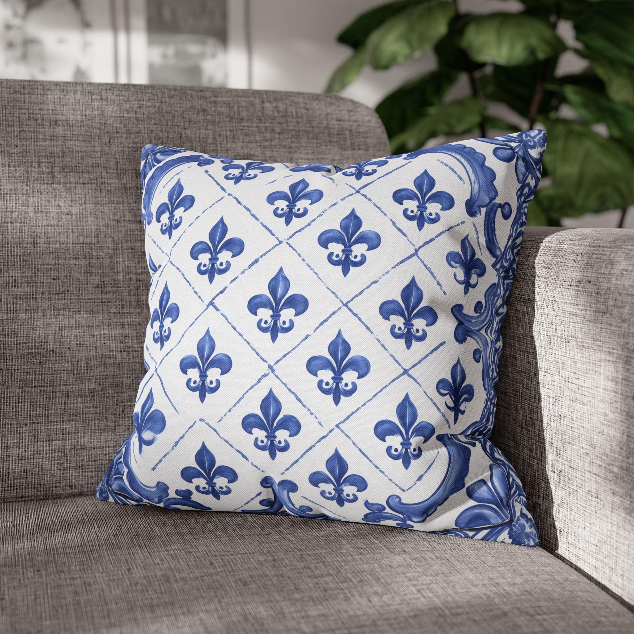 Fleur de Lis Pillow Cover: Blue & White French Tile Design