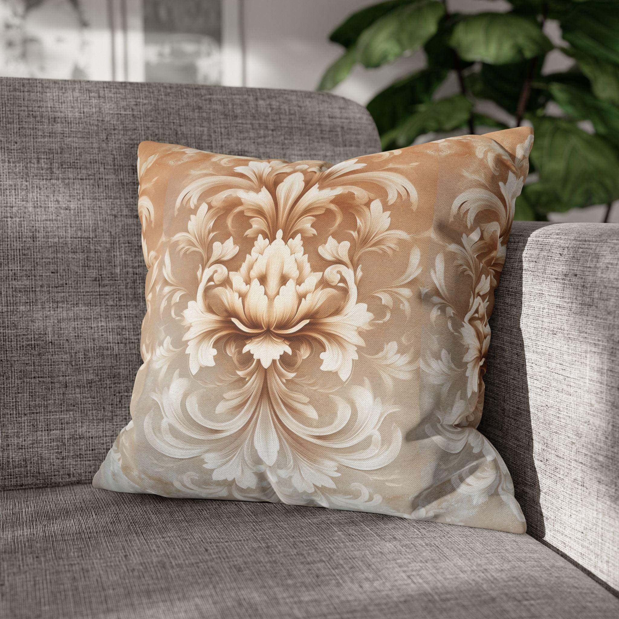 Luxurious Damask Floral Pillowcase: Ivory-Caramel Gradient Scrollwork Design, Elegant Soft Decor Accent