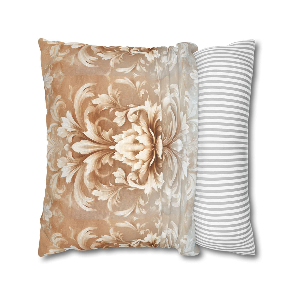 Luxurious Damask Floral Pillowcase: Ivory-Caramel Gradient Scrollwork Design, Elegant Soft Decor Accent