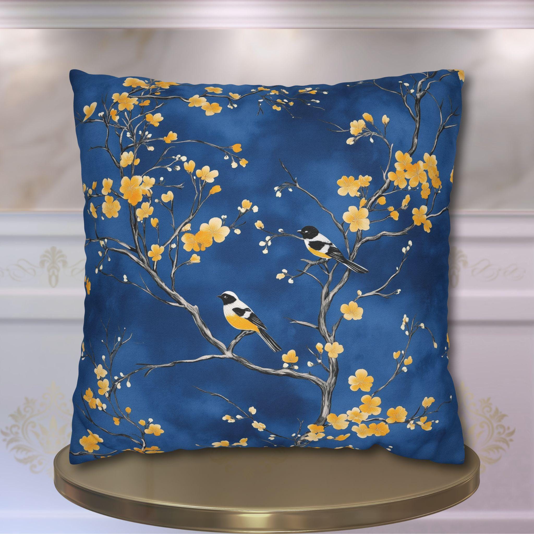 Royal Blue Chinoiserie Pillow Cover: Elegant Asian-Inspired Cushion with Yellow Blossoms and Birds