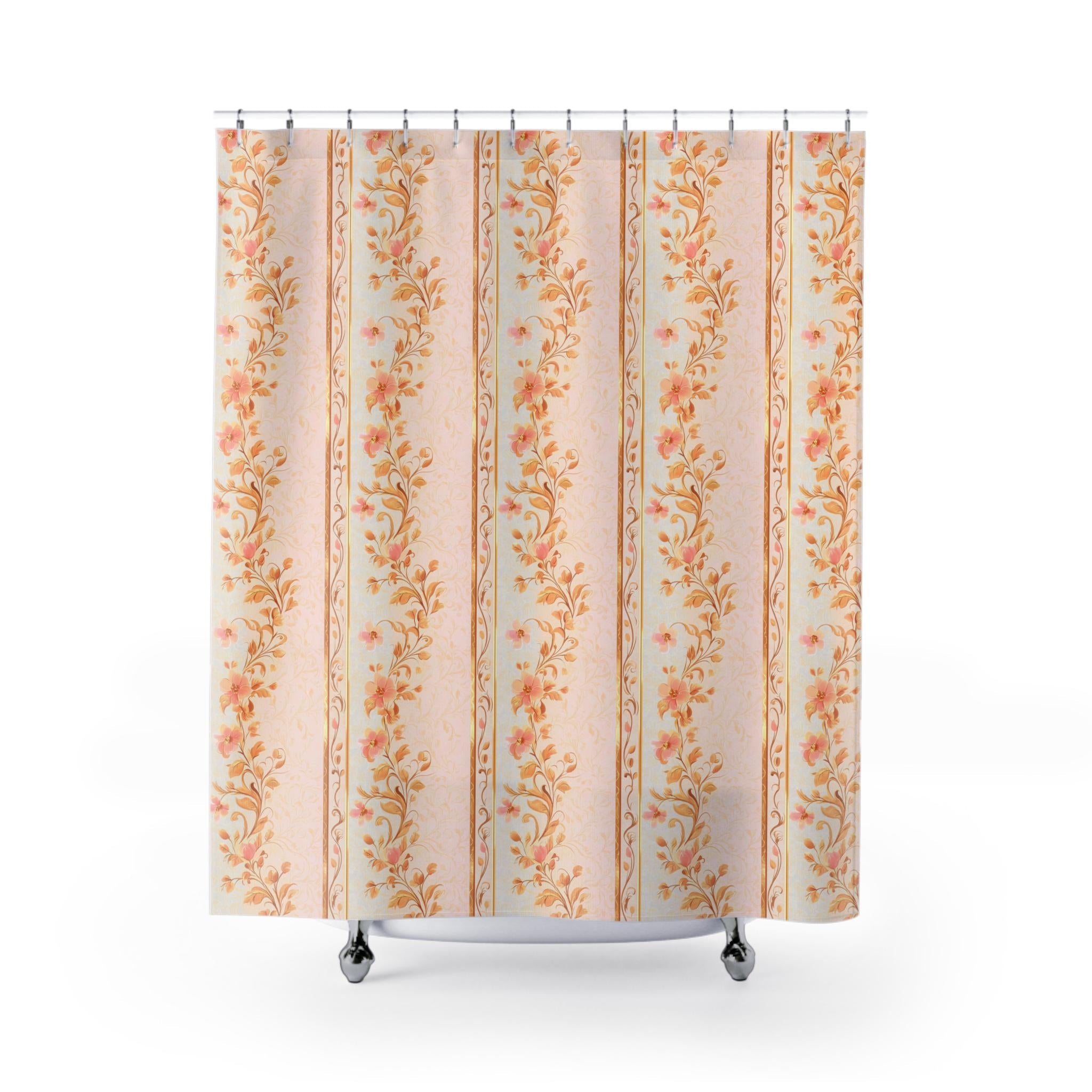 Vintage-Inspired Peach Floral Stripe Fabric Shower Curtain: Botanical Garden Charm for Bathroom Decor