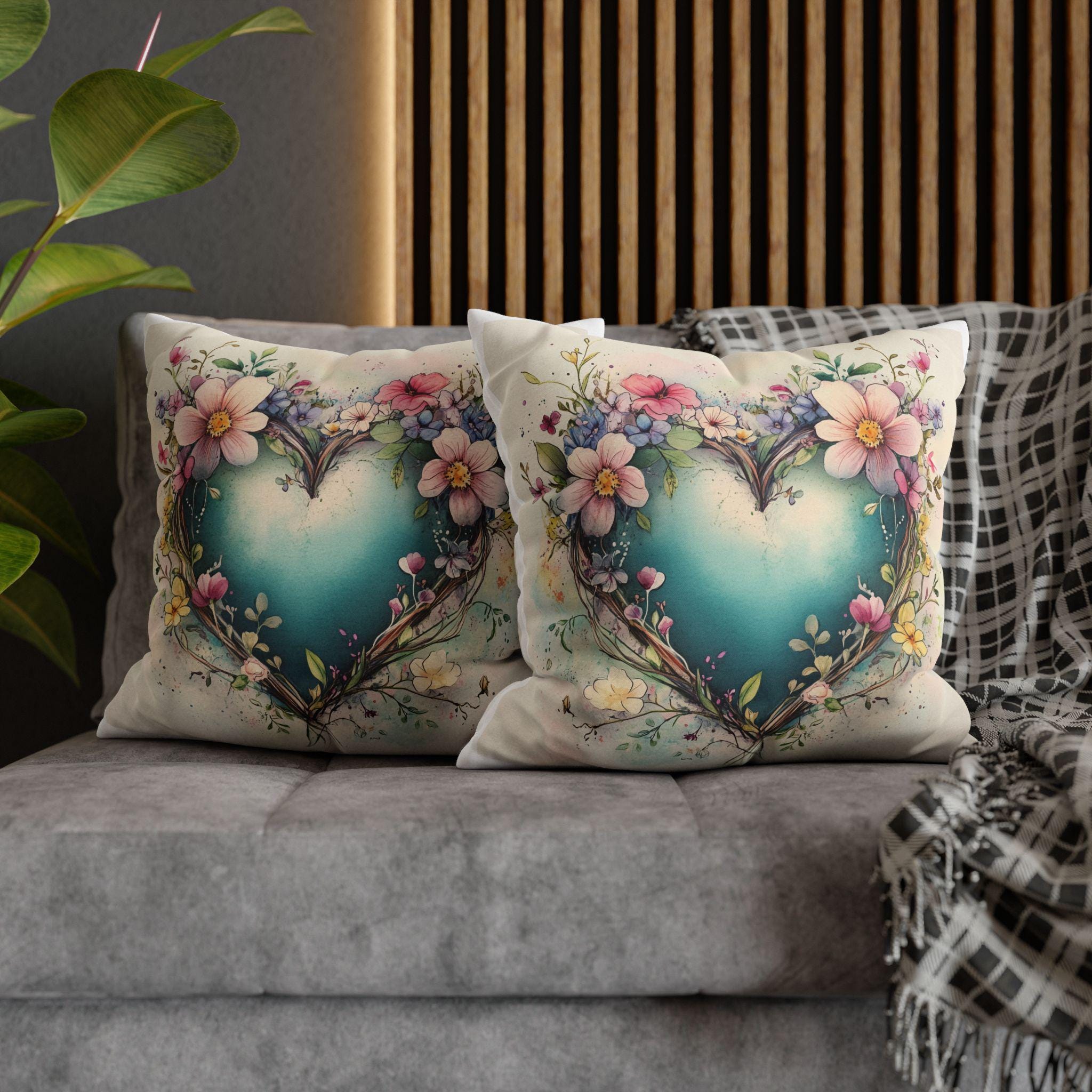 Romantic Floral Heart Wreath Pillowcase: Whimsical Square Cushion Cover for Home Decor & Gifts