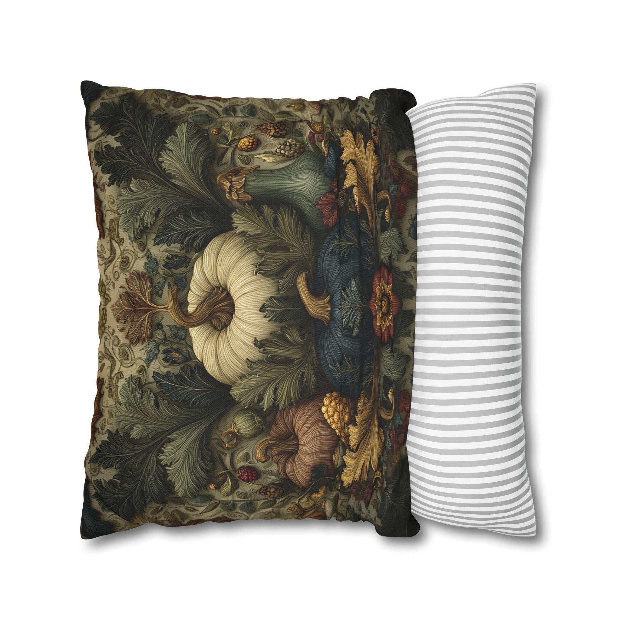William Morris Inspired Autumn Harvest Tapestry Pillow Cover: Deep Teal with Ivory Blue & Gold