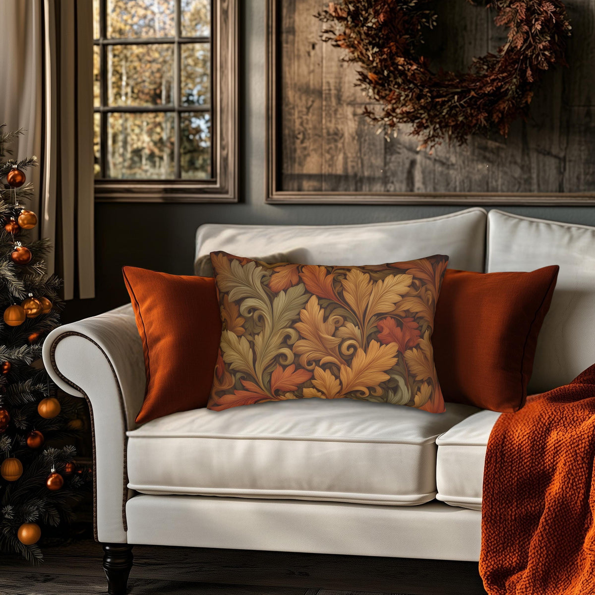 Vintage-Inspired William Morris Fall Leaf Lumbar Pillow: Autumn Harvest Tapestry Accent