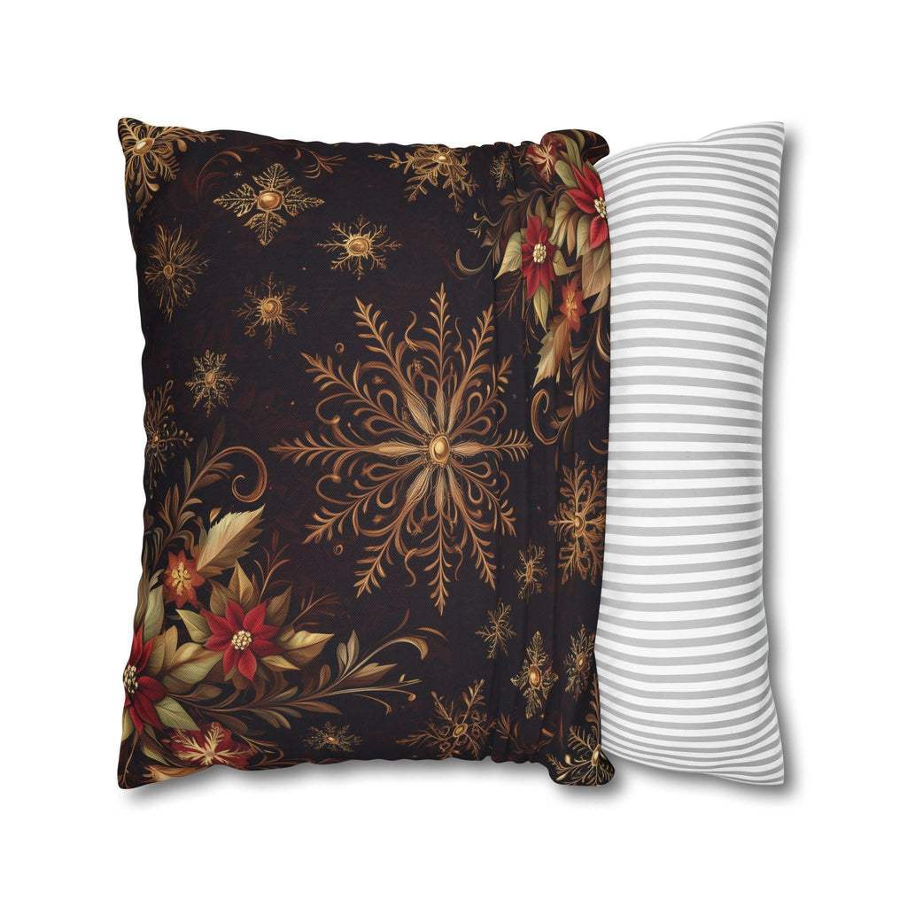 Luxurious Snowflake Poinsettia Pillowcase, Burgundy & Gold Christmas Winter Decor, Elegant Holiday Pillow Cover