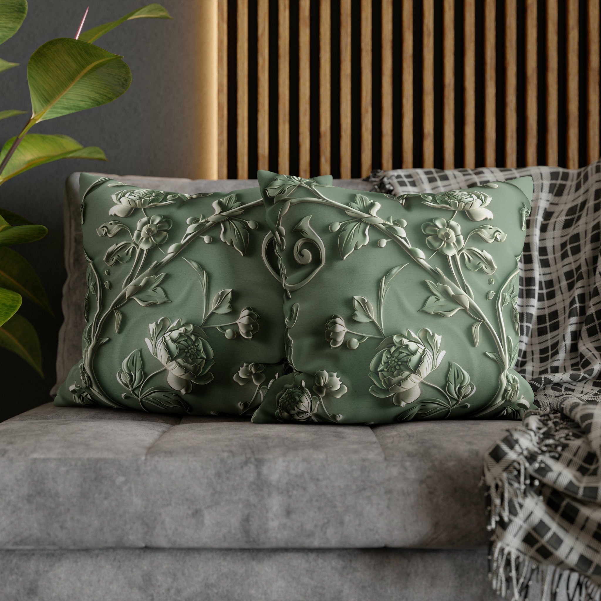 Elegant Chinoiserie Floral Pillow Cover: Sage & Teal Monochromatic Sculpted Botanical Cushion Case