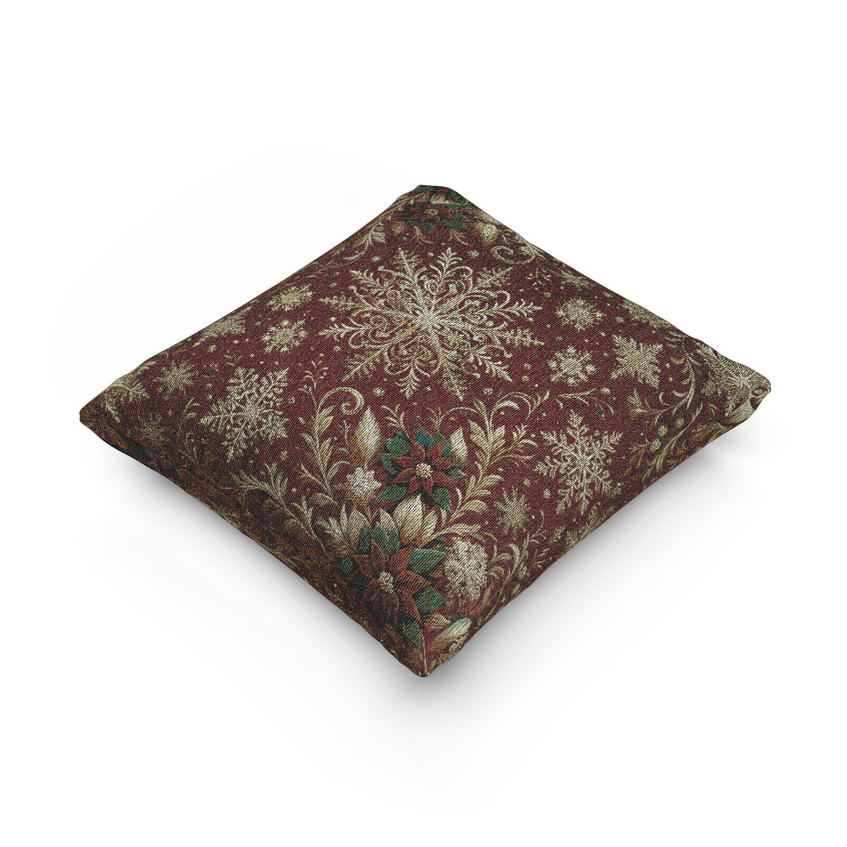 Snowflakes and Poinsettias Christmas Pillow : Red and Ivory-Gold Heritage Holiday Jacquard Woven Throw