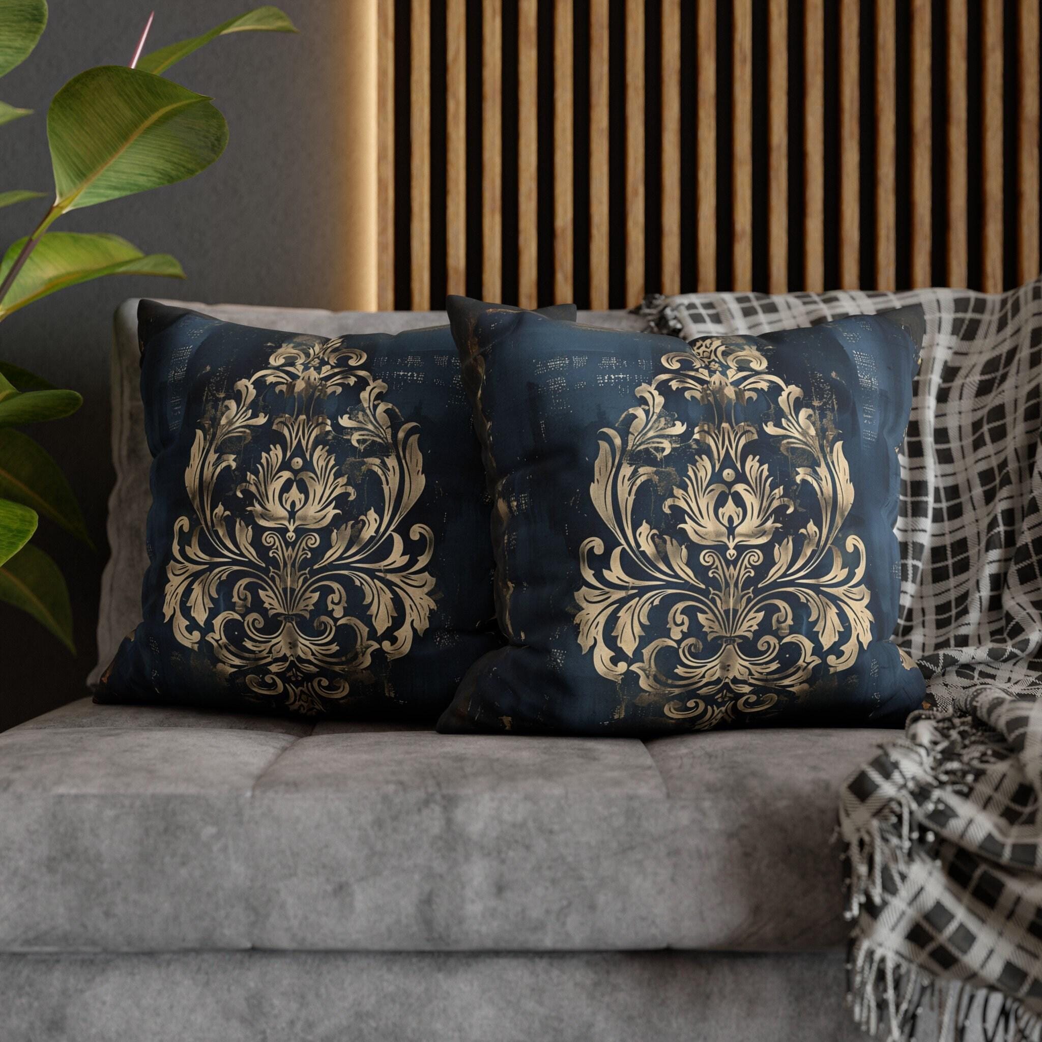 Navy Blue Damask Throw Pillow Cover: Vintage Style Gold Accent