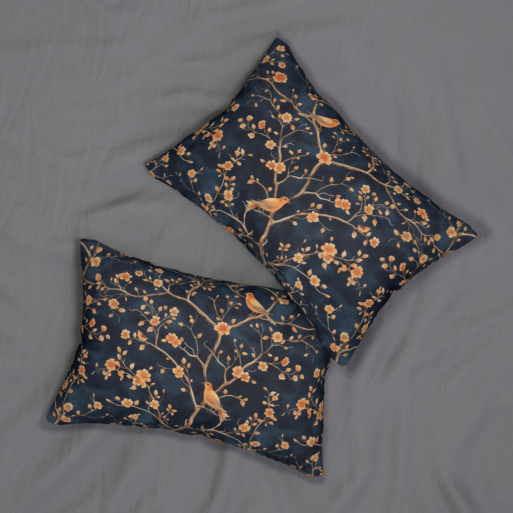 Chinoiserie Bird Blossom Lumbar Pillow: Peach & Chestnut on Navy Blue