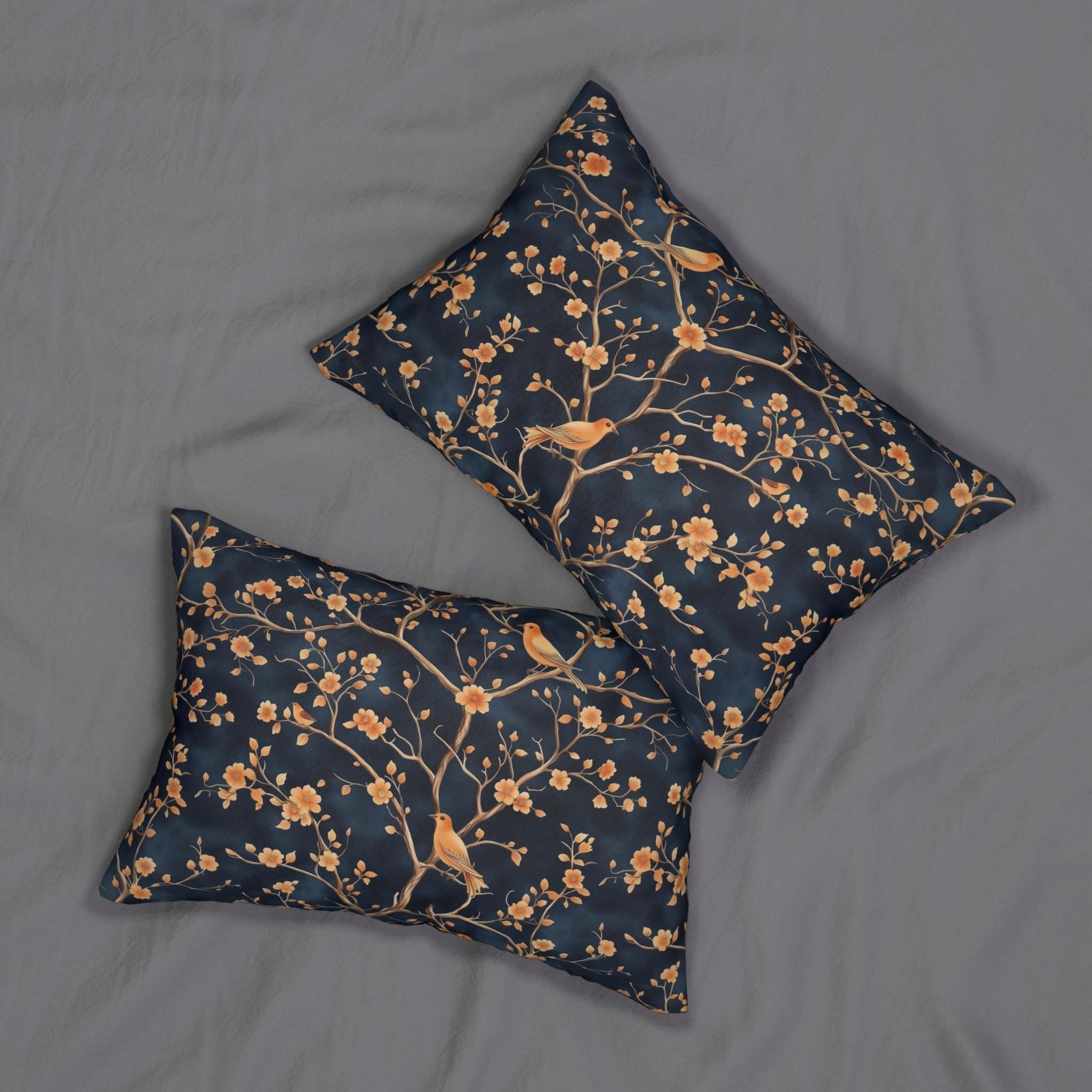 Chinoiserie Bird Blossom Lumbar Pillow: Peach & Chestnut on Navy Blue