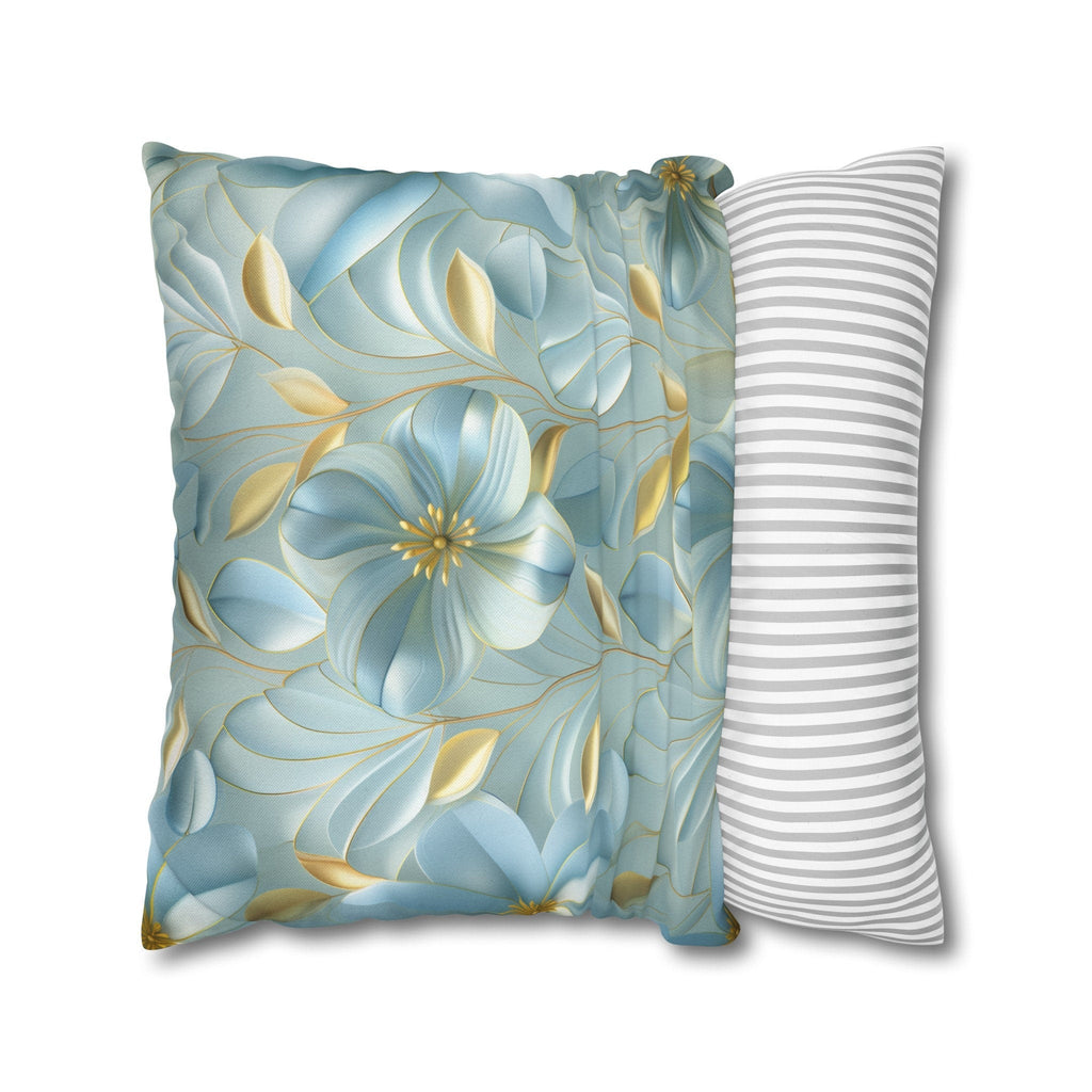 Blue Magnolia Throw Pillow Cover: Gold Leaf Floral Cushion