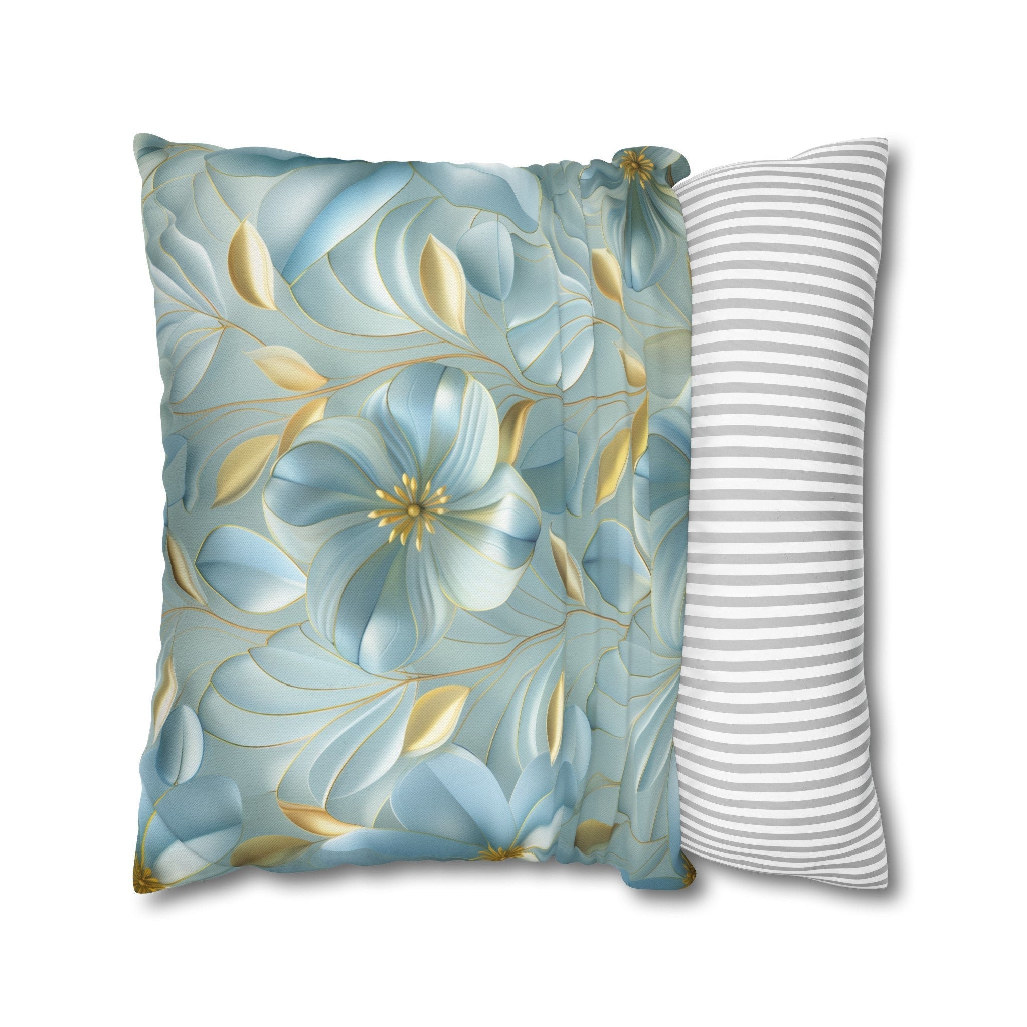 Blue Magnolia Throw Pillow Cover: Gold Leaf Floral Cushion