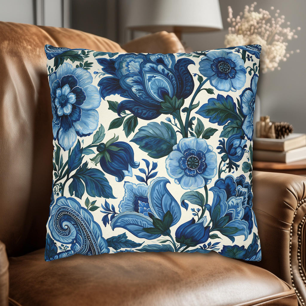 Blue and White Botanical Pillow Cover: Stylized Floral Vine Design