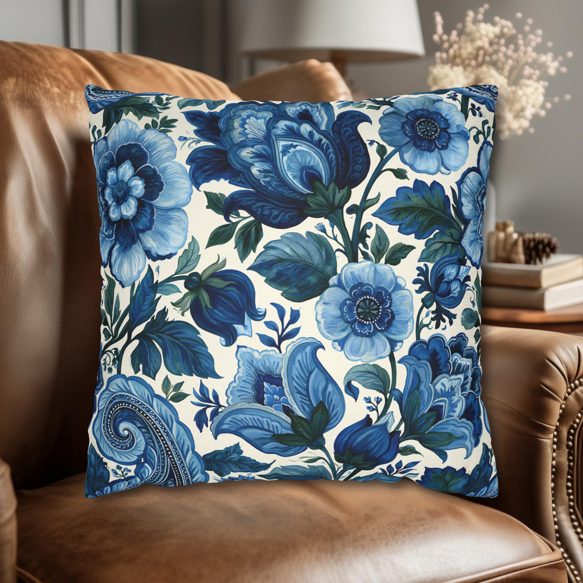 Blue and White Botanical Pillow Cover: Stylized Floral Vine Design