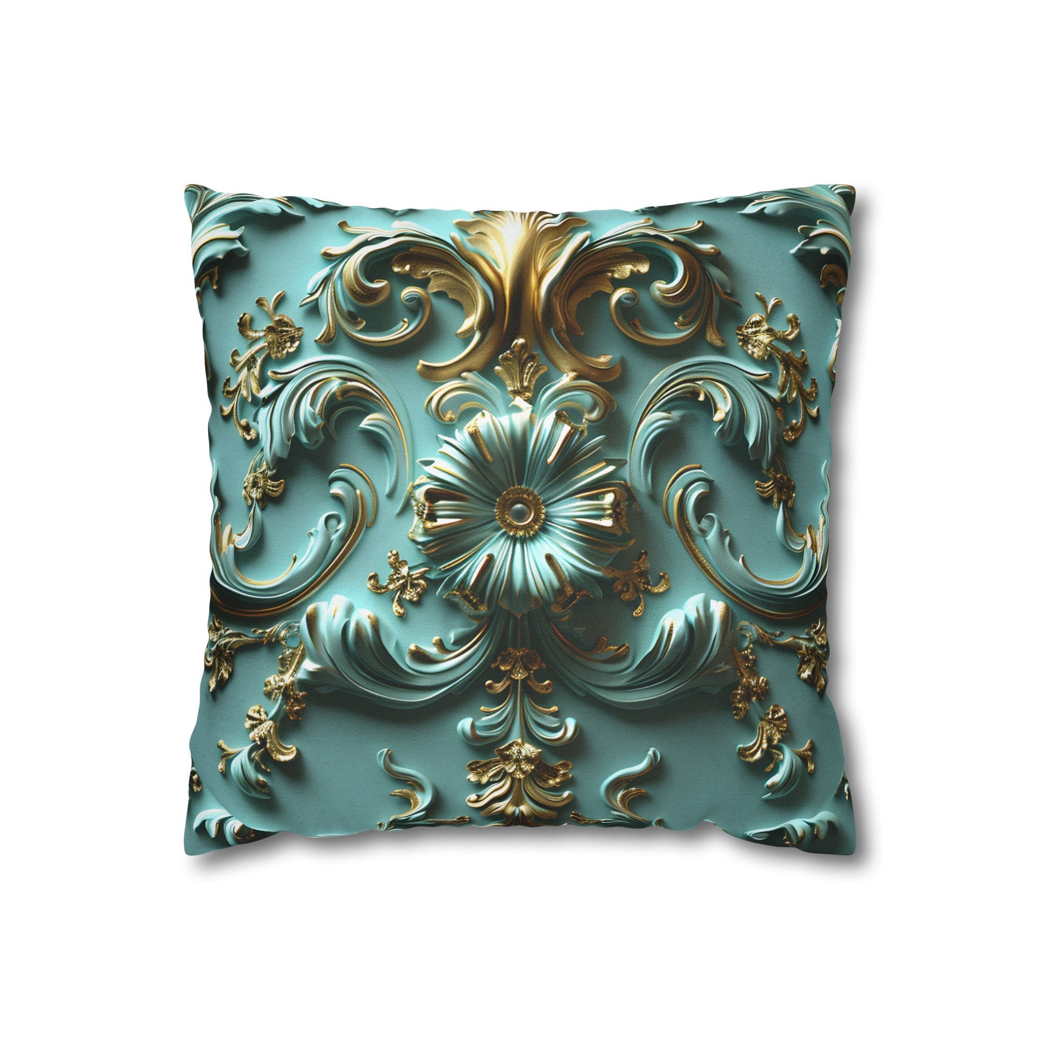 Luxurious Baroque Teal & Gold Floral Throw Pillow Cover | Elegant Scrollwork Design for Dramatic Decor