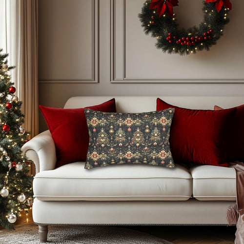 Christmas Tree Lumbar Pillow: Luxe Gold Red & Green on Deep Charcoal Holiday Decor