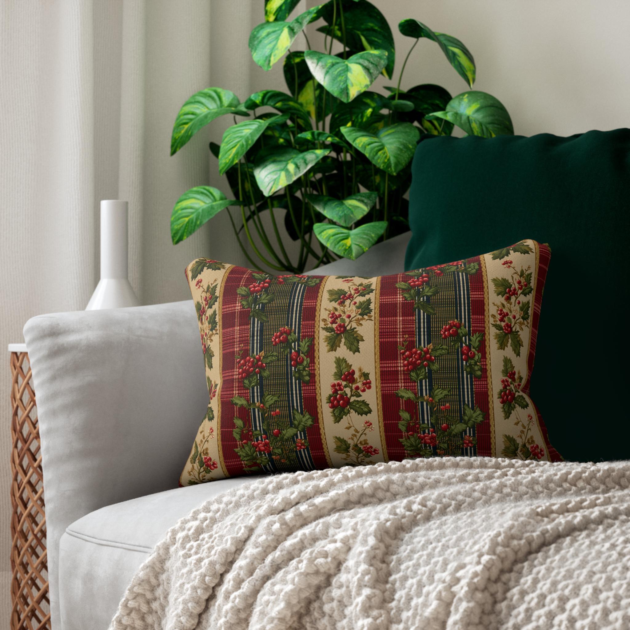 Christmas Lumbar Pillow: Classic Vintage Style Holly & Tartan Plaid in Red Green and Cream