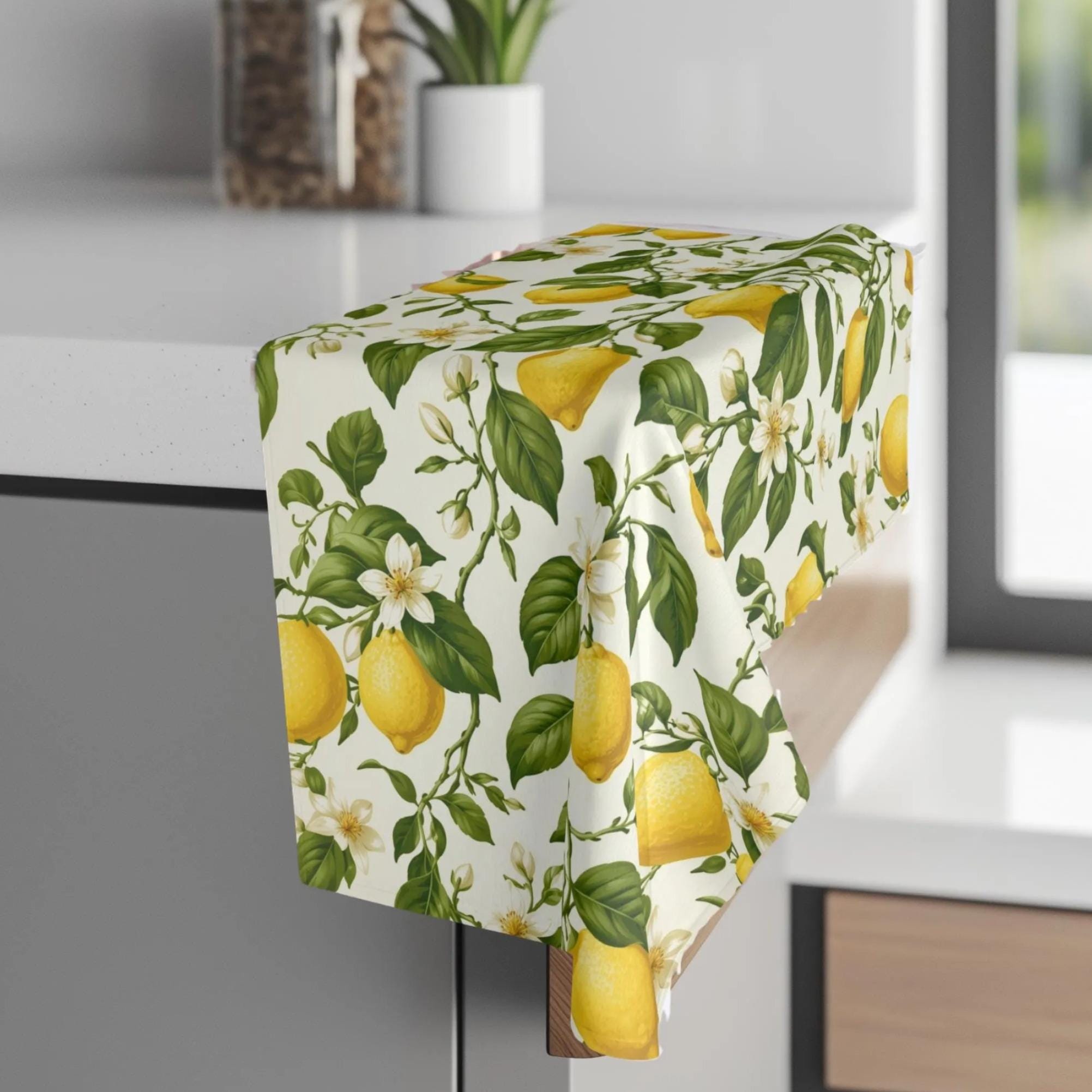 Lemon Hand Towel: with Green Leaves and Florals on a Creamy White Background