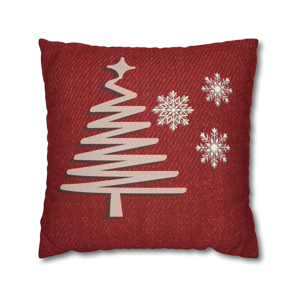 Rustic Elegance Pillow Cover: Beige Christmas Tree & Snowflakes on Red Textured Look Background