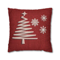 Rustic Elegance Pillow Cover: Beige Christmas Tree & Snowflakes on Red Textured Look Background