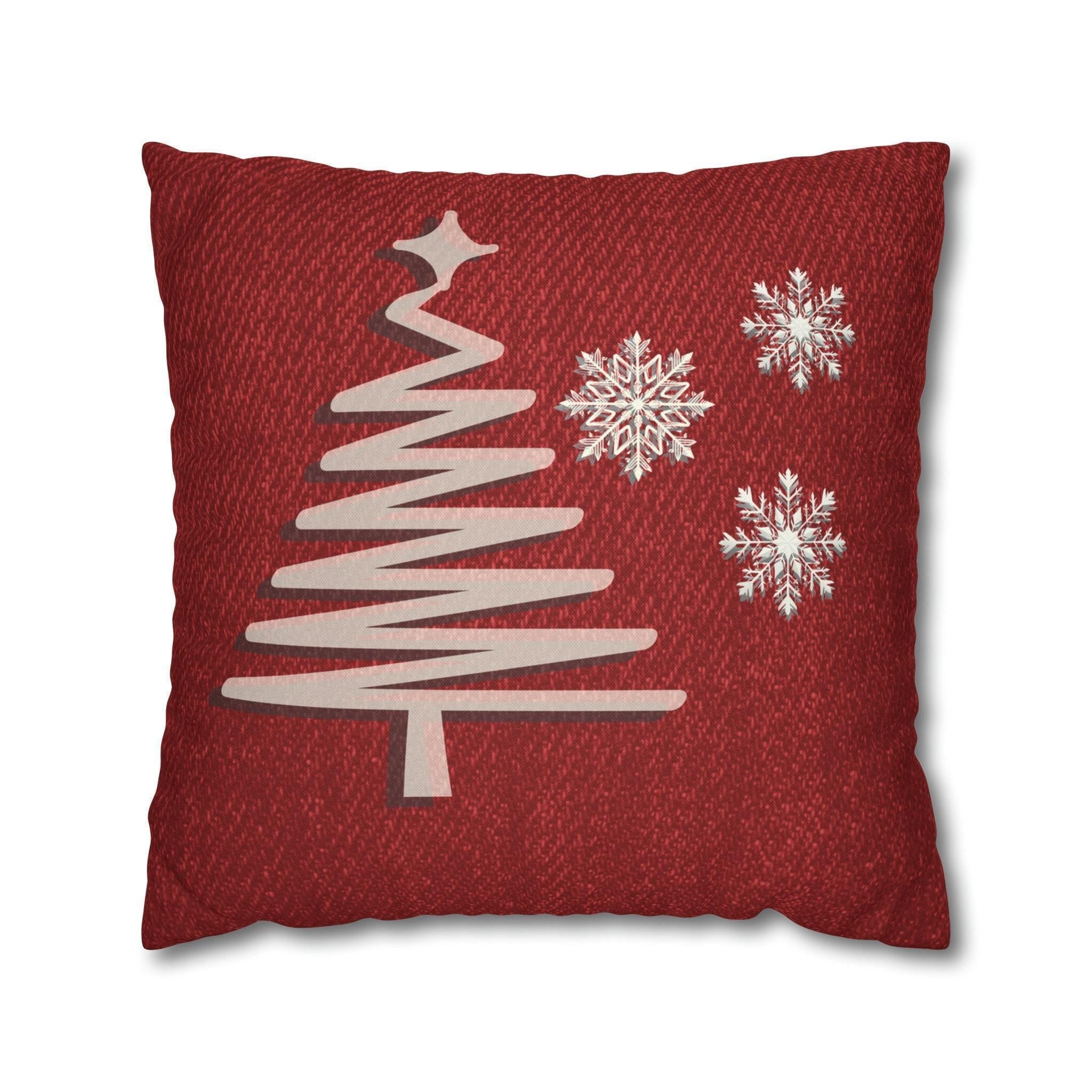Rustic Elegance Pillow Cover: Beige Christmas Tree & Snowflakes on Red Textured Look Background