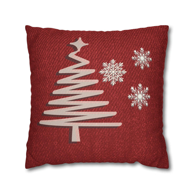 Rustic Elegance Pillow Cover: Beige Christmas Tree & Snowflakes on Red Textured Look Background