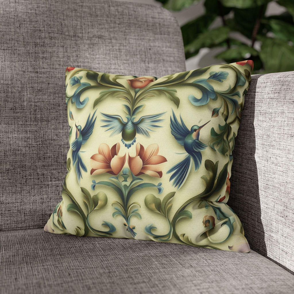 William Morris Inspired Hummingbird Floral Pillow Cover: Vintage Nature Tapestry Cushion Design
