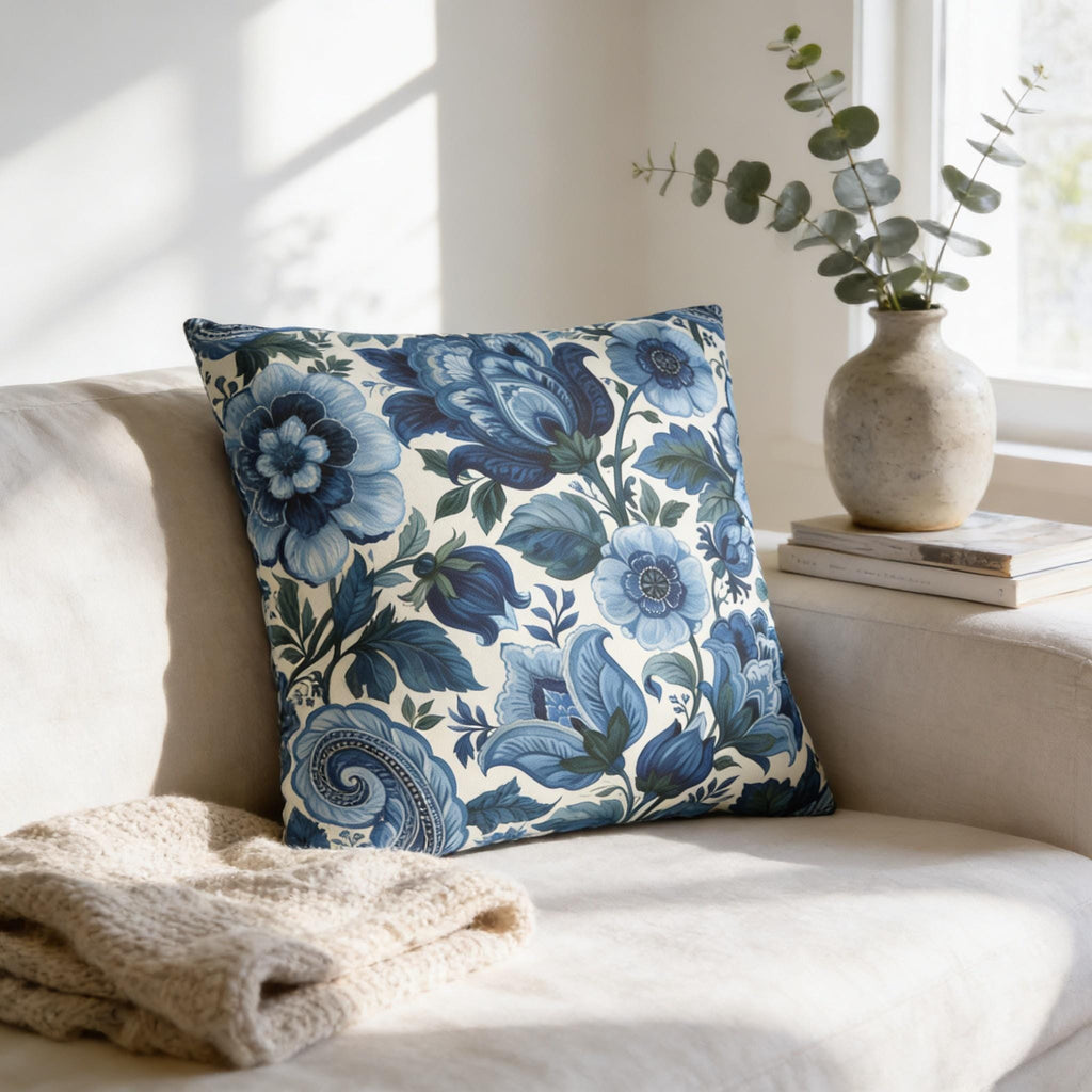 Blue and White Botanical Pillow Cover: Stylized Floral Vine Design