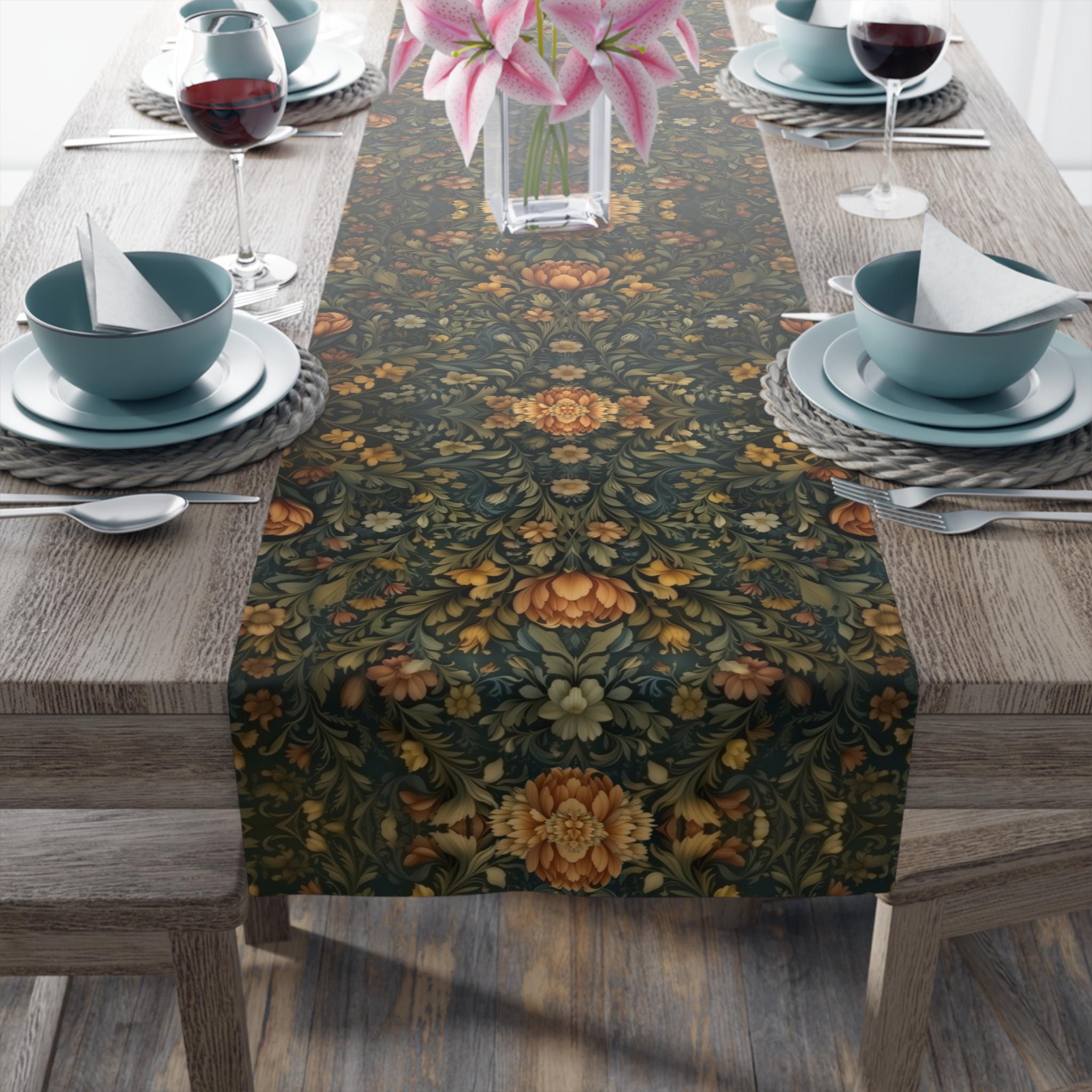 William Morris Botanical Table Runner: Golden Ochre Floral Tapestry