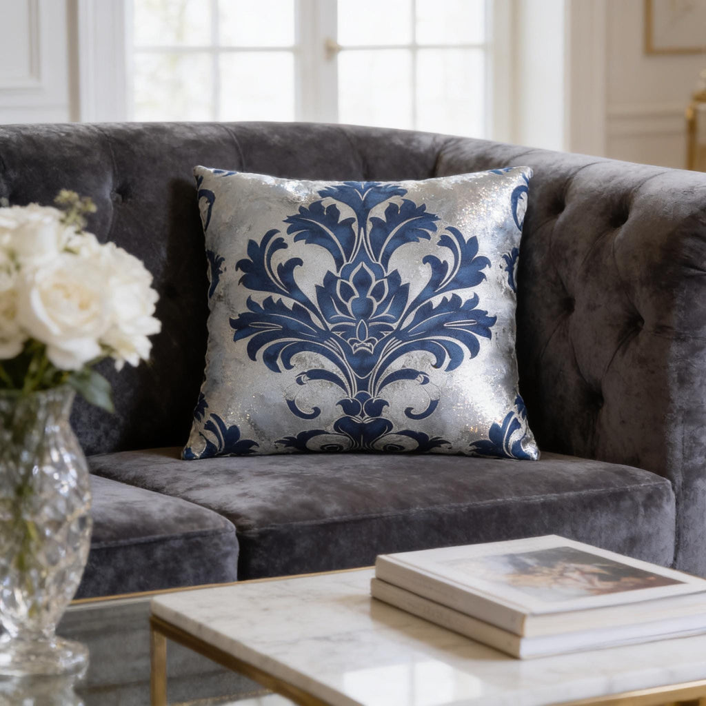 Elegant Royal Blue & Silver Baroque Floral Square Pillow Cover for Upscale Living Room Decor