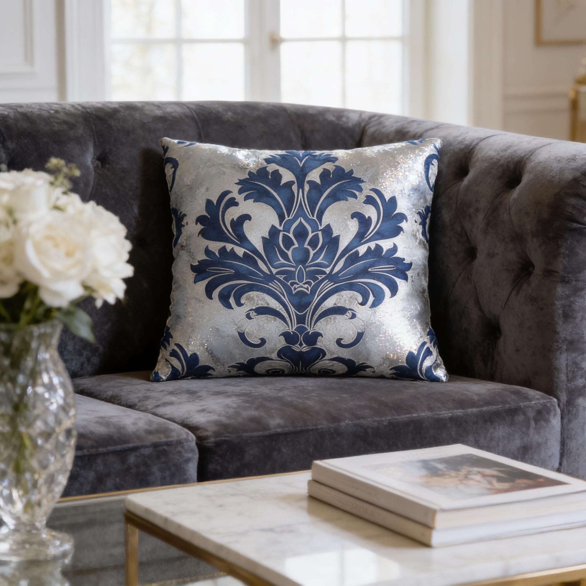 Elegant Royal Blue & Silver Baroque Floral Square Pillow Cover for Upscale Living Room Decor