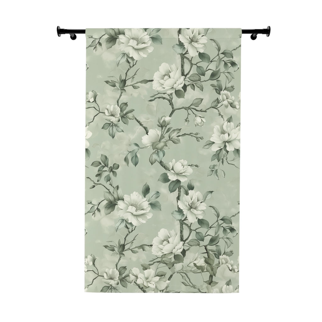 Elegant White Magnolia Blackout Curtain with Mint Green Background - Floral Window Decor panel