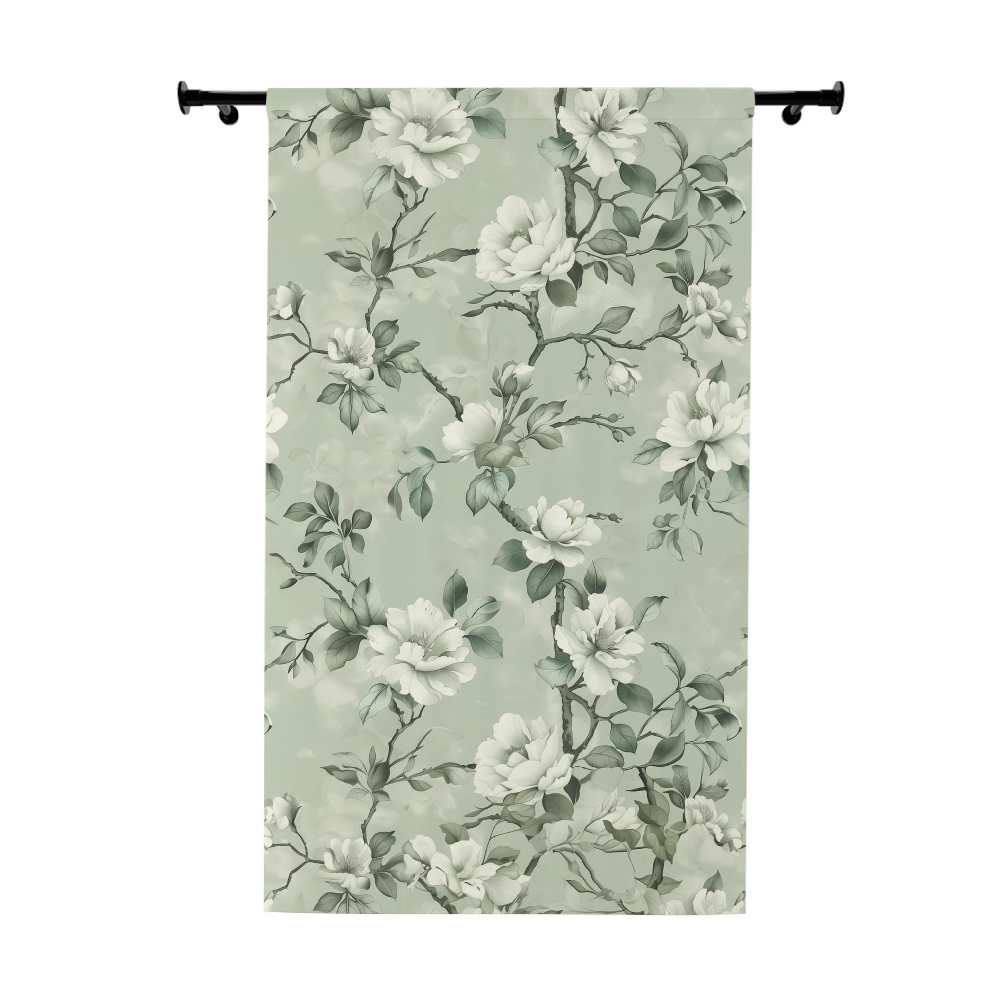 Elegant White Magnolia Blackout Curtain with Mint Green Background - Floral Window Decor panel
