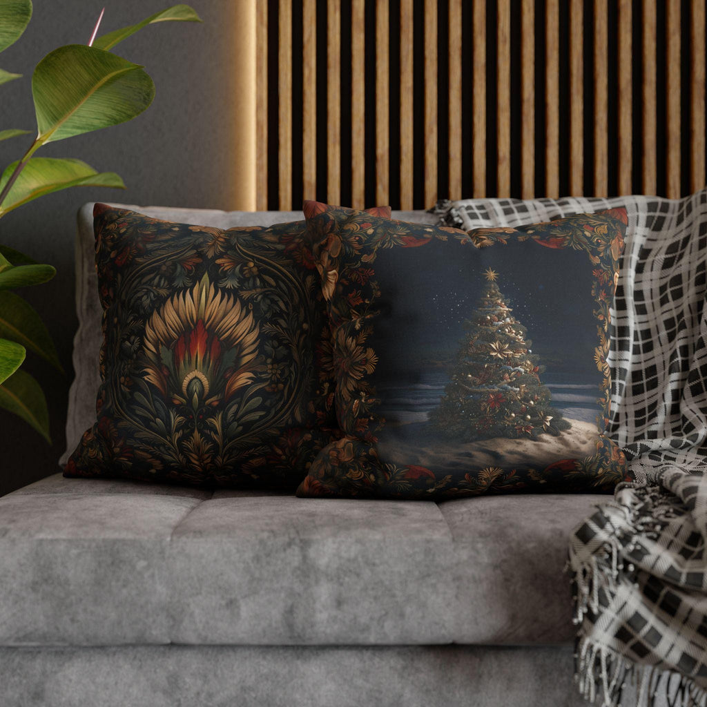 Coastal Christmas Pillow Cover: Tropical William Morris Tree, Red Gold Blue