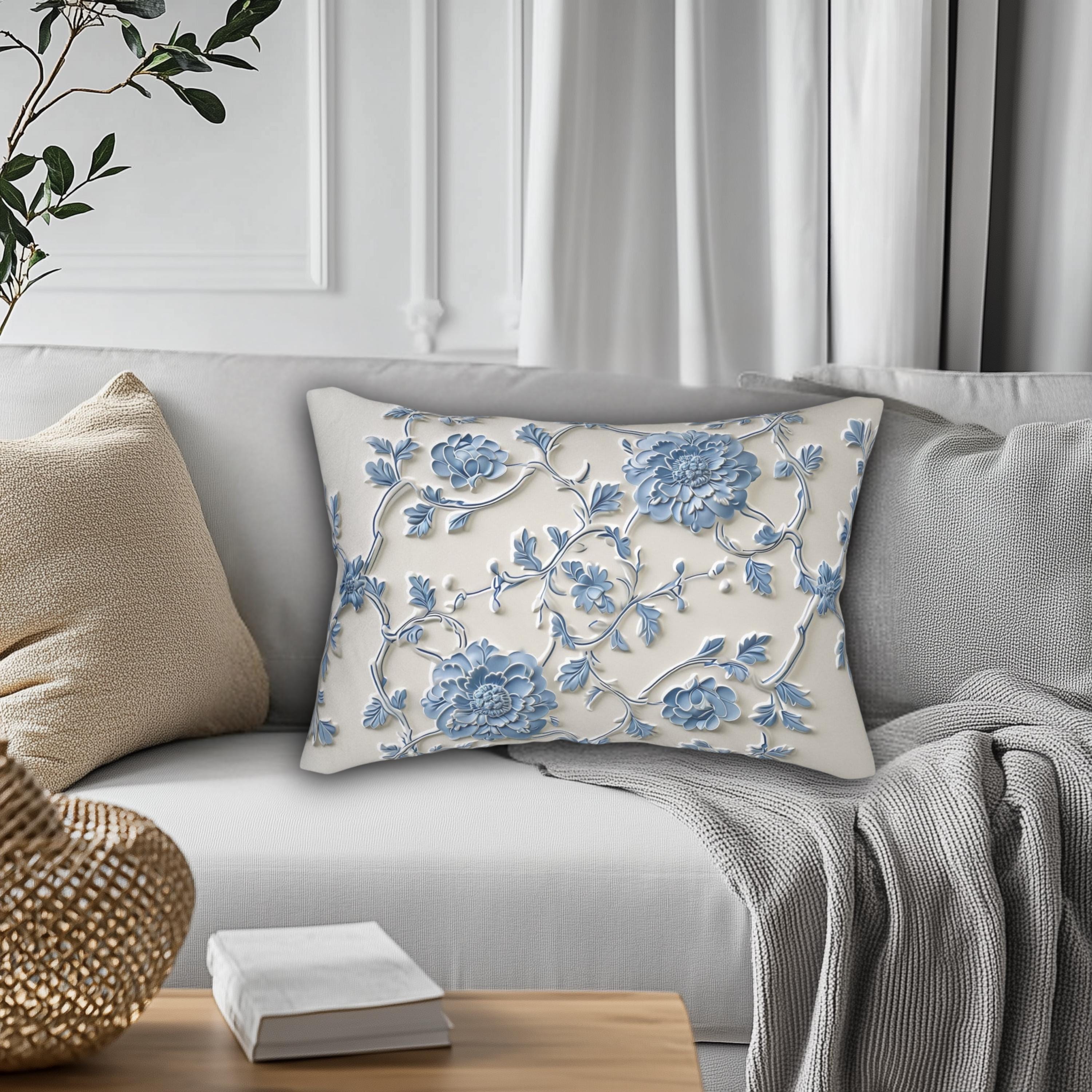Lumbar Pillow: Elegant Blue Floral Pattern (20x14, Off-White)